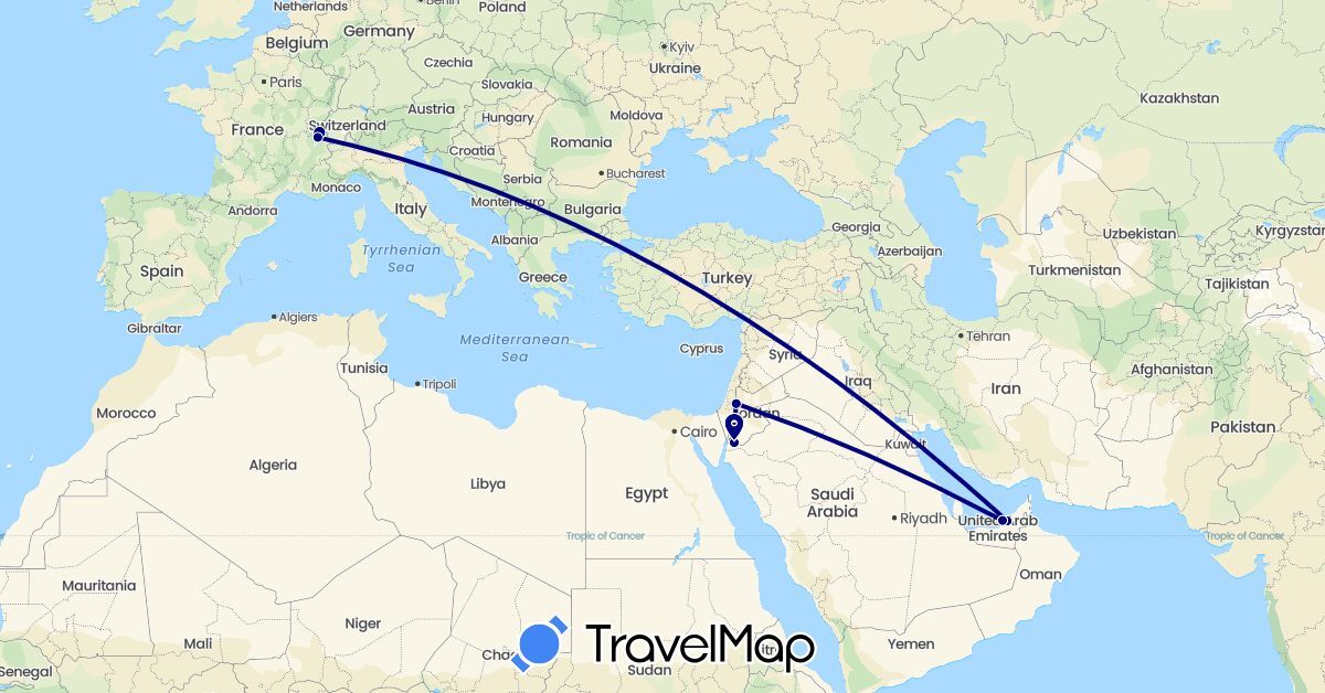 TravelMap itinerary: driving in United Arab Emirates, Switzerland, Jordan (Asia, Europe)